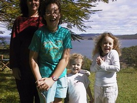 Terrible trio at birdbath (and mum) 11 June 2000.JPG